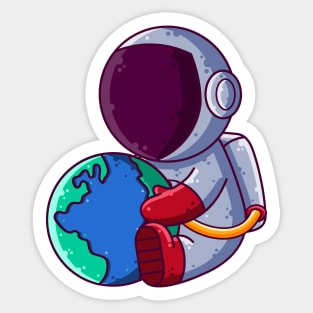 Cute Astronaut Holding Earth Cartoon Sticker